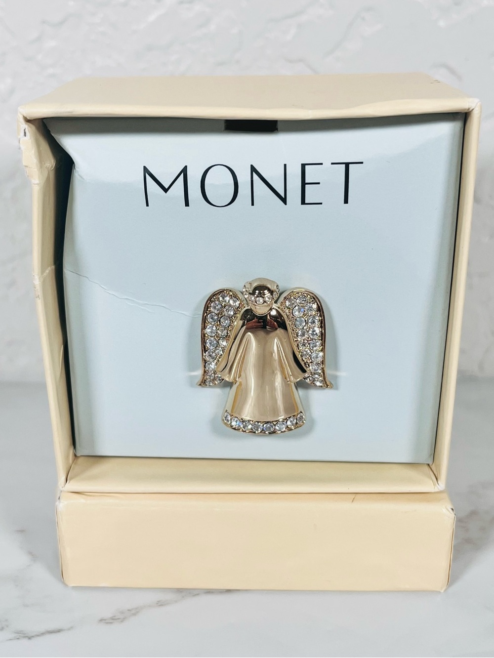 Monet Gold-Tone Angel Brooch with Clear Crystal Wings